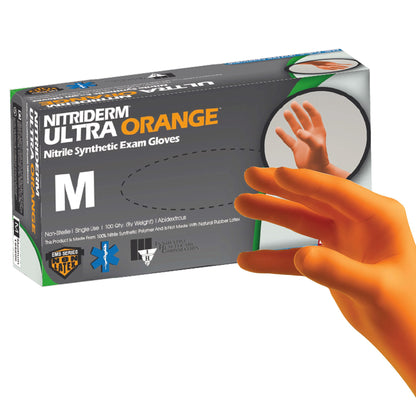 NitriDerm® Ultra Orange™ Exam Glove Medium NonSterile Nitrile Standard Cuff Length Fully Textured Orange Chemo Tested / Fentanyl Tested (780242_BX)