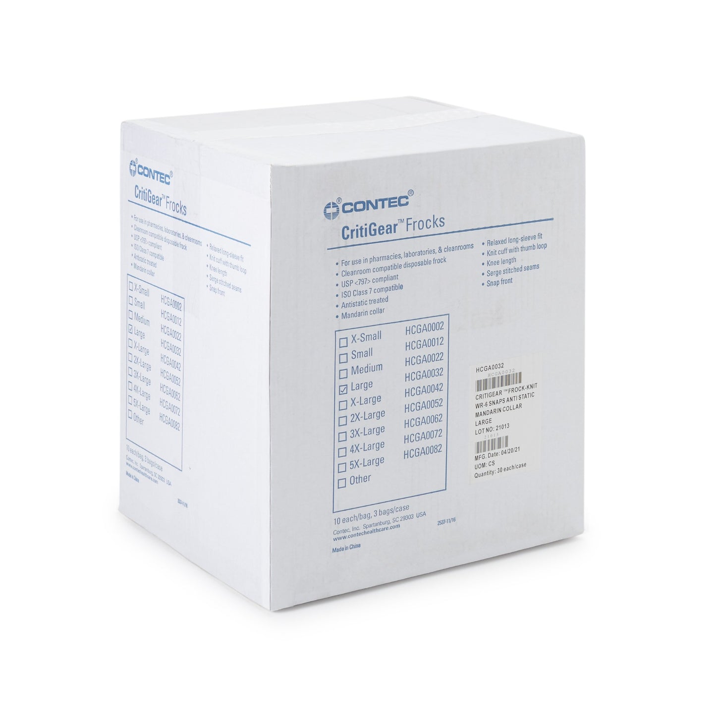 Contec® CritiGear™ Cleanroom Lab Coat White Large Knee Length Microporous Fabric Disposable (1128928_BG)