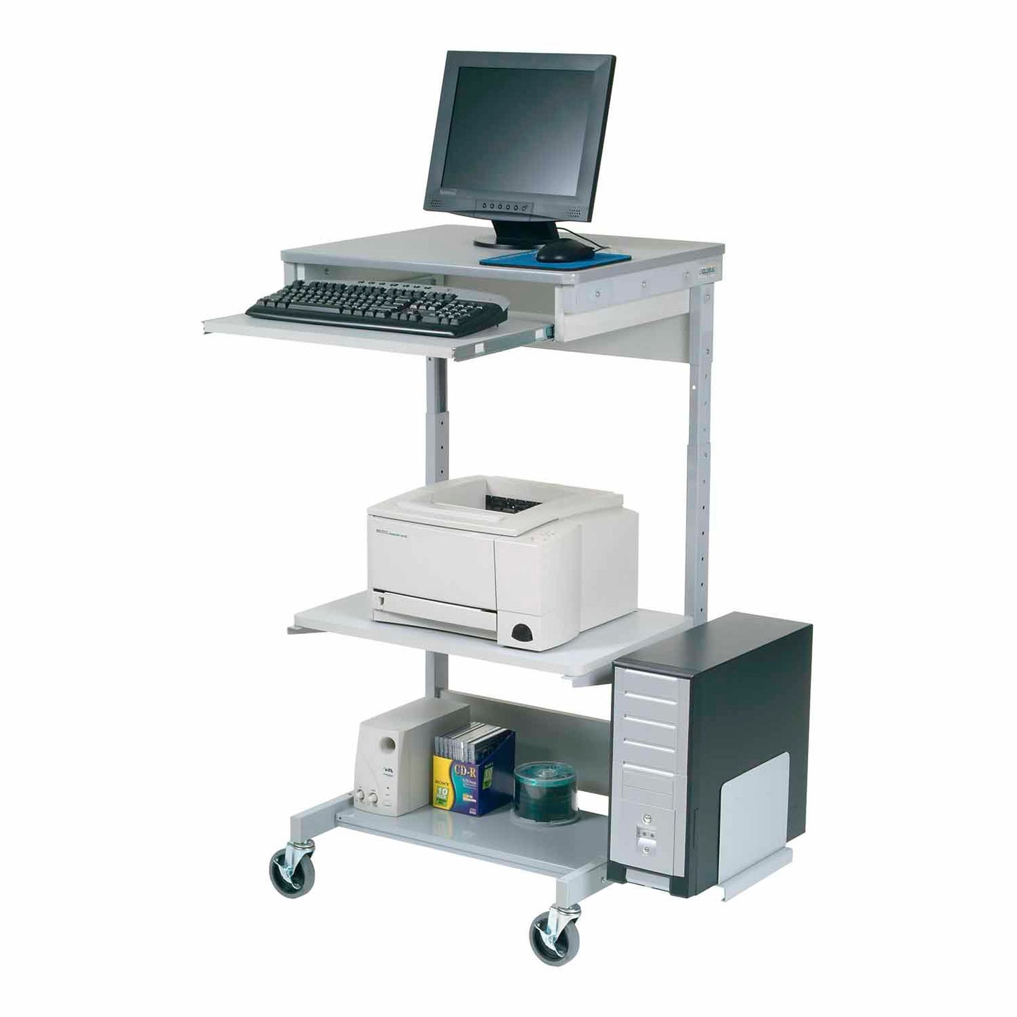 Global Industrial Mobile Computer Workstation with Printer Shelf and CPU Holder, Gray (WB506693)