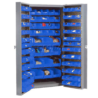 Global Industrial Bin Cabinet Deep Door - 132 Blue Bins, 16-Gauge Unassembled Cabinet 38x24x72 (WB662136BL)