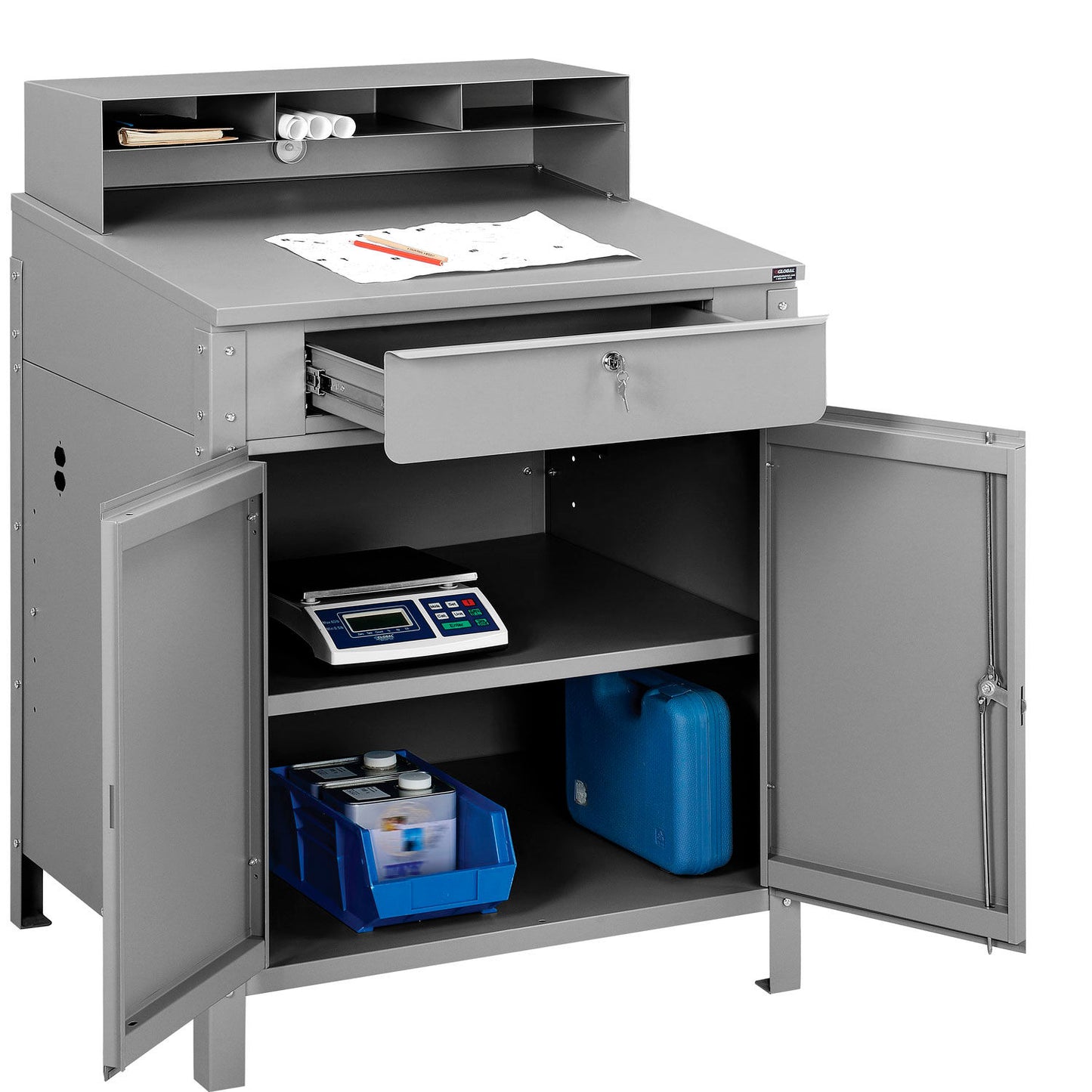 Global Industrial Cabinet Shop Desk w/ Pigeonhole Riser, 34-1/2"W x 30"D, Gray (WB300912GY)