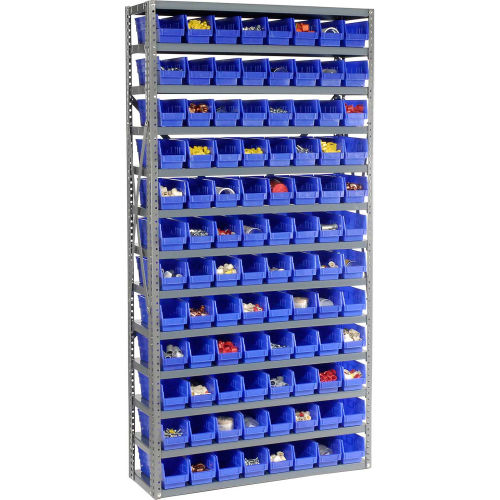Global Industrial Steel Shelving with 96 4"H Plastic Shelf Bins Blue, 36x12x73-13 Shelves (WB603443BL)