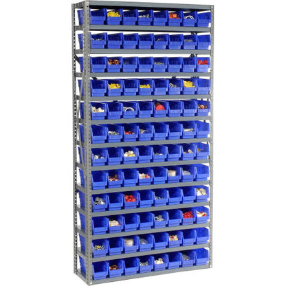Global Industrial Steel Shelving with 96 4"H Plastic Shelf Bins Blue, 36x12x73-13 Shelves (WB603443BL)