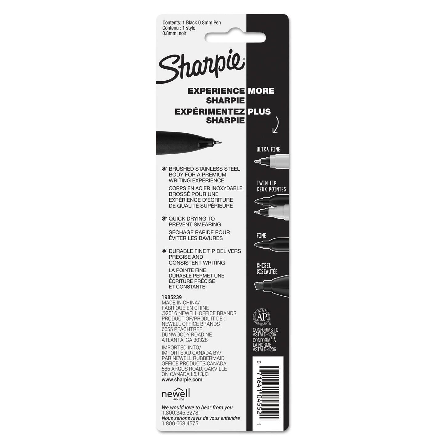 Sharpie® Stainless Steel Porous Point Pen, Stick, Fine 0.5 mm, Black Ink, Brushed Silver Barrel (SAN1800702)