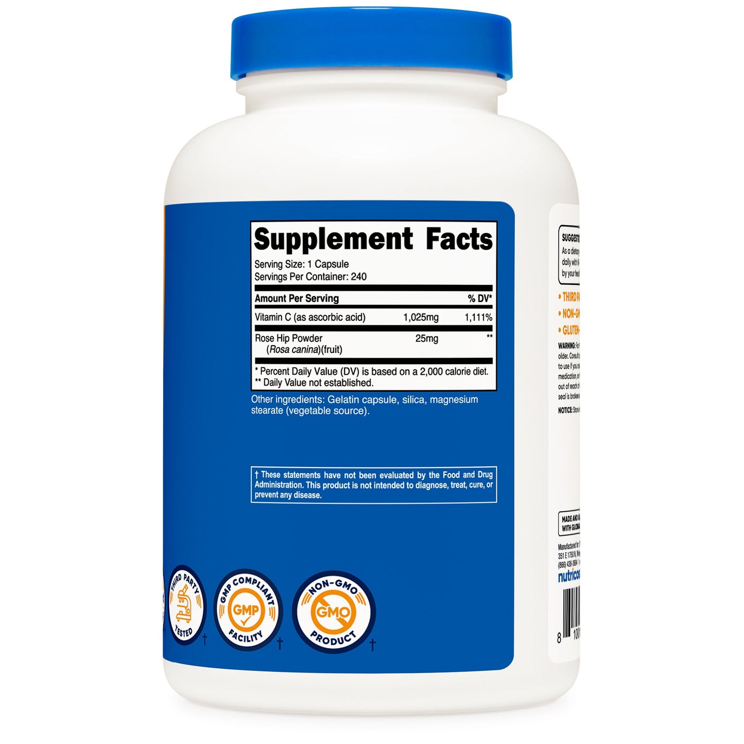 nutricost® Vitamin C with Rose Hips Dietary Supplement Vitamin C / Rose Hips 1,000 mg - 25 mg Strength Capsule 240 Per Bottle (1270253_BT)