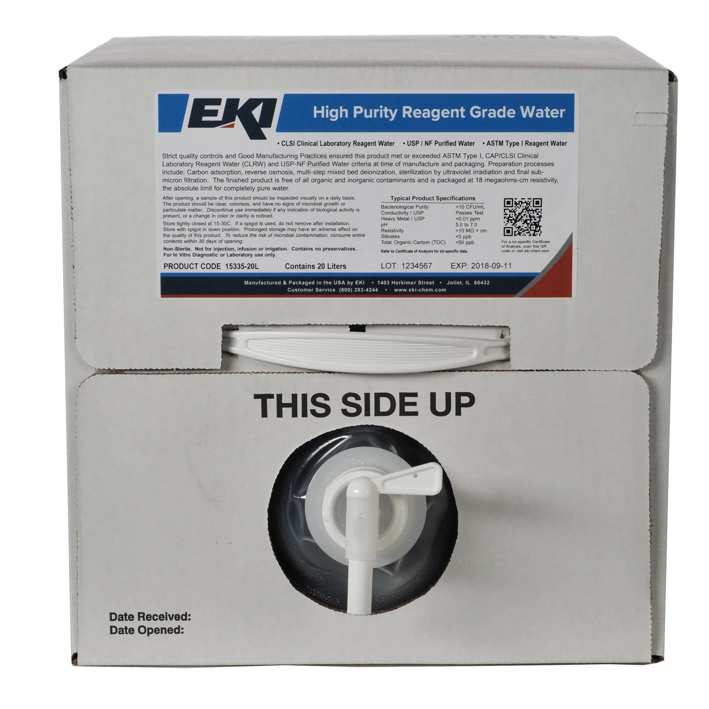 EKI Chemistry Reagent Deionized Water Reagent Grade / ASTM Type I 100% 20 Liter (940736_EA)