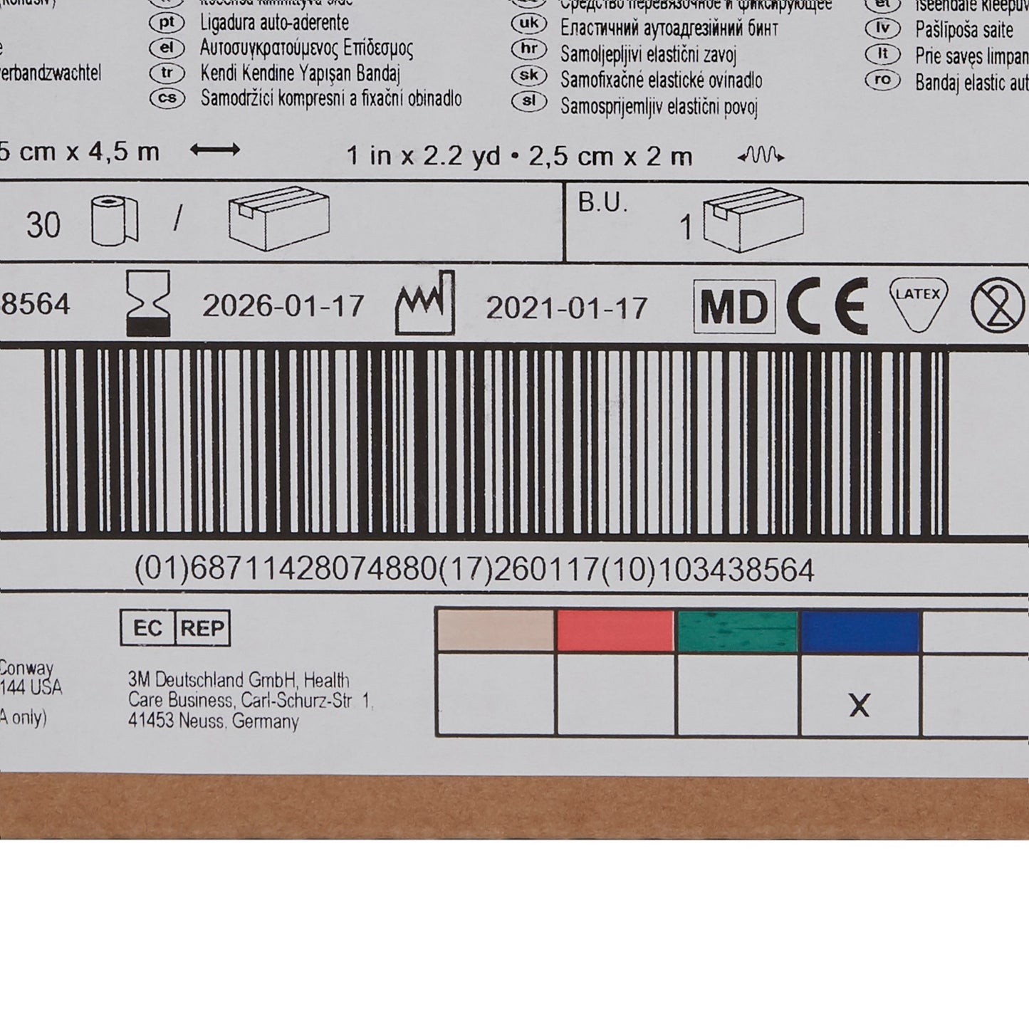 3M™ Coban™ Cohesive Bandage 1 Inch X 5 Yard Self-Adherent Closure Blue NonSterile Standard Compression (222000_CS)