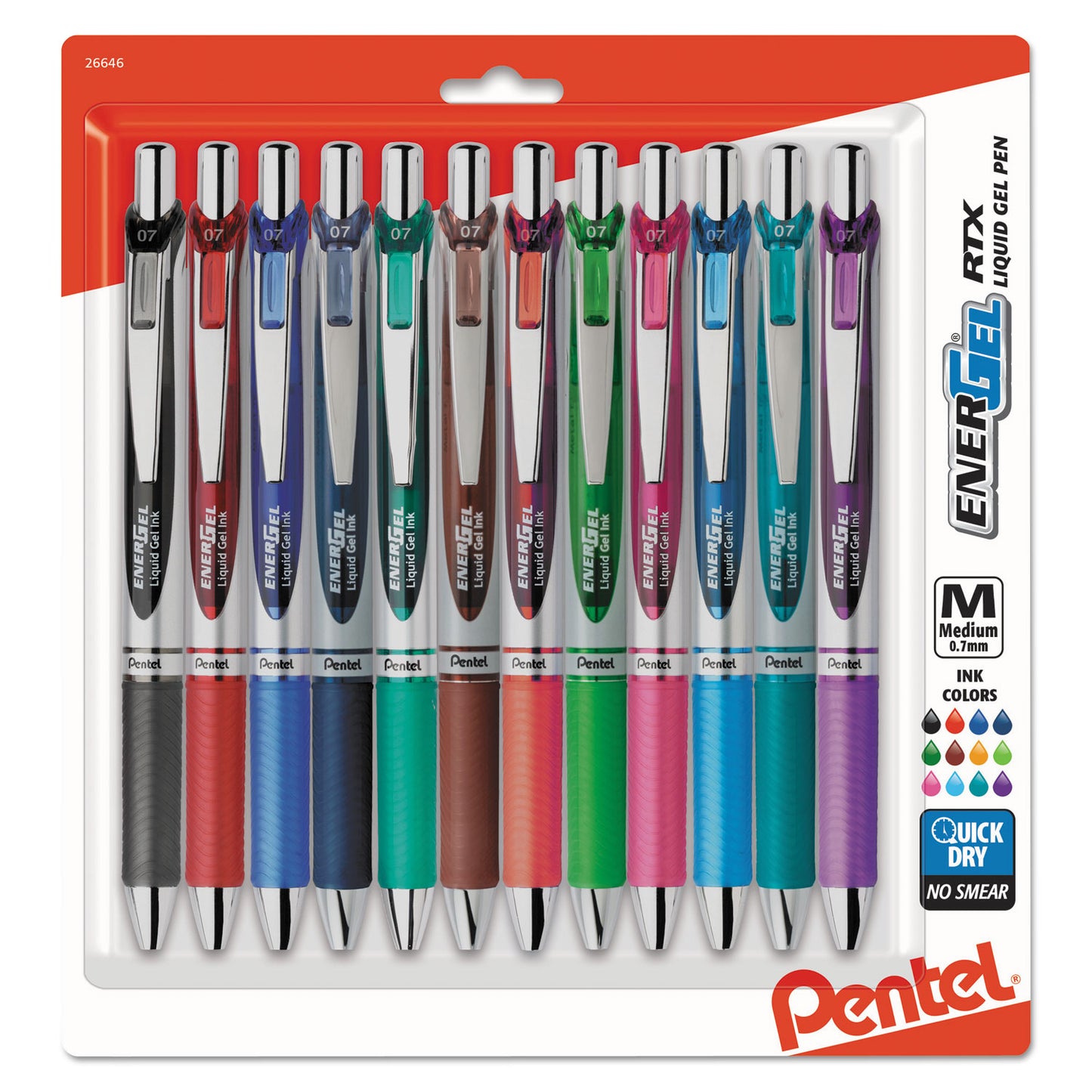 Pentel® EnerGel RTX Gel Pen, Retractable, Medium 0.7 mm, Assorted Ink and Barrel Colors, Dozen (PENBL77BP12M)