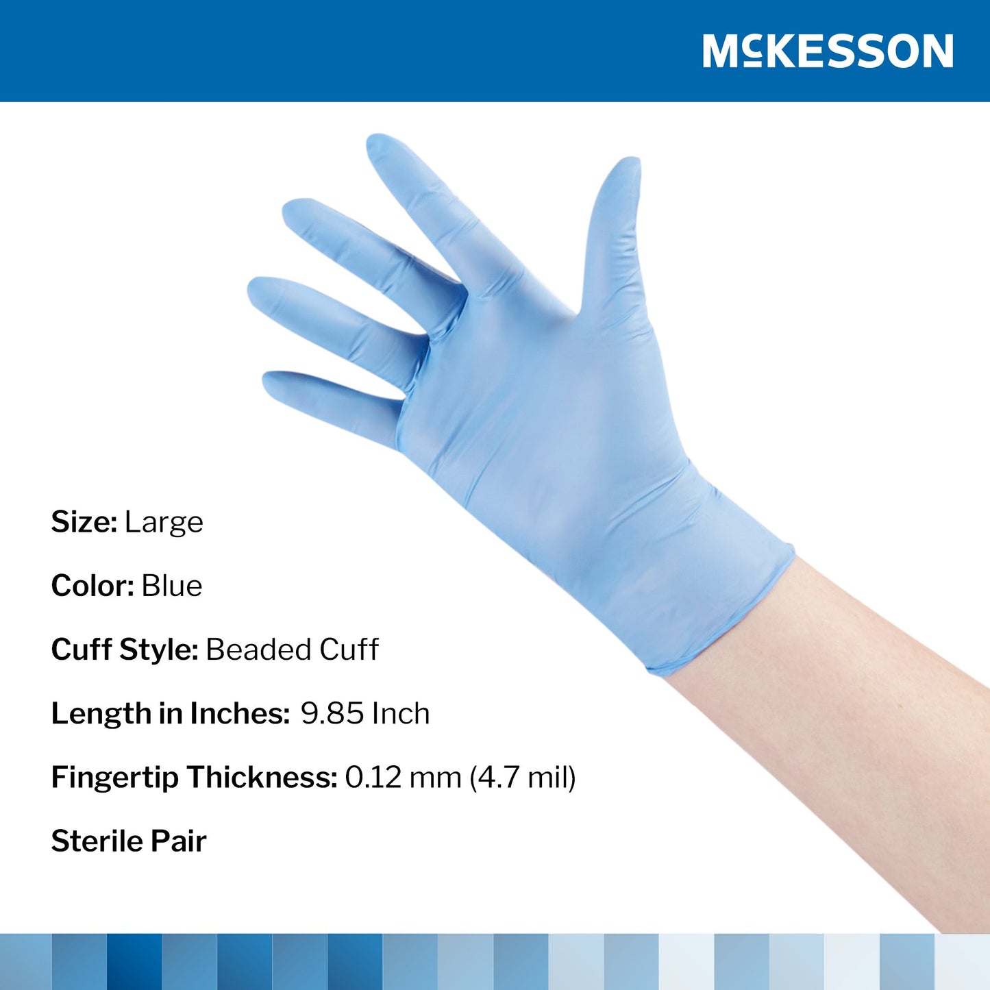 McKesson Confiderm® STR Exam Glove Large Sterile Pair Nitrile Standard Cuff Length Textured Fingertips Blue Not Rated (1065407_BX)