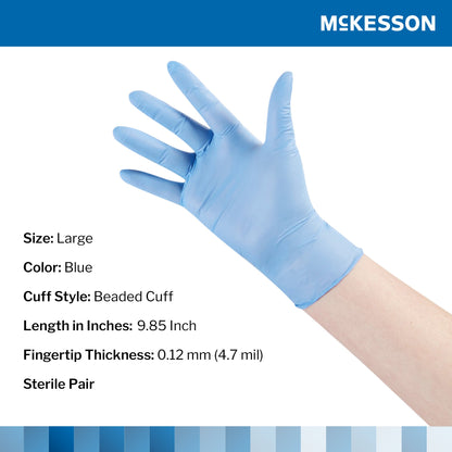 McKesson Confiderm® STR Exam Glove Large Sterile Pair Nitrile Standard Cuff Length Textured Fingertips Blue Not Rated (1065407_BX)