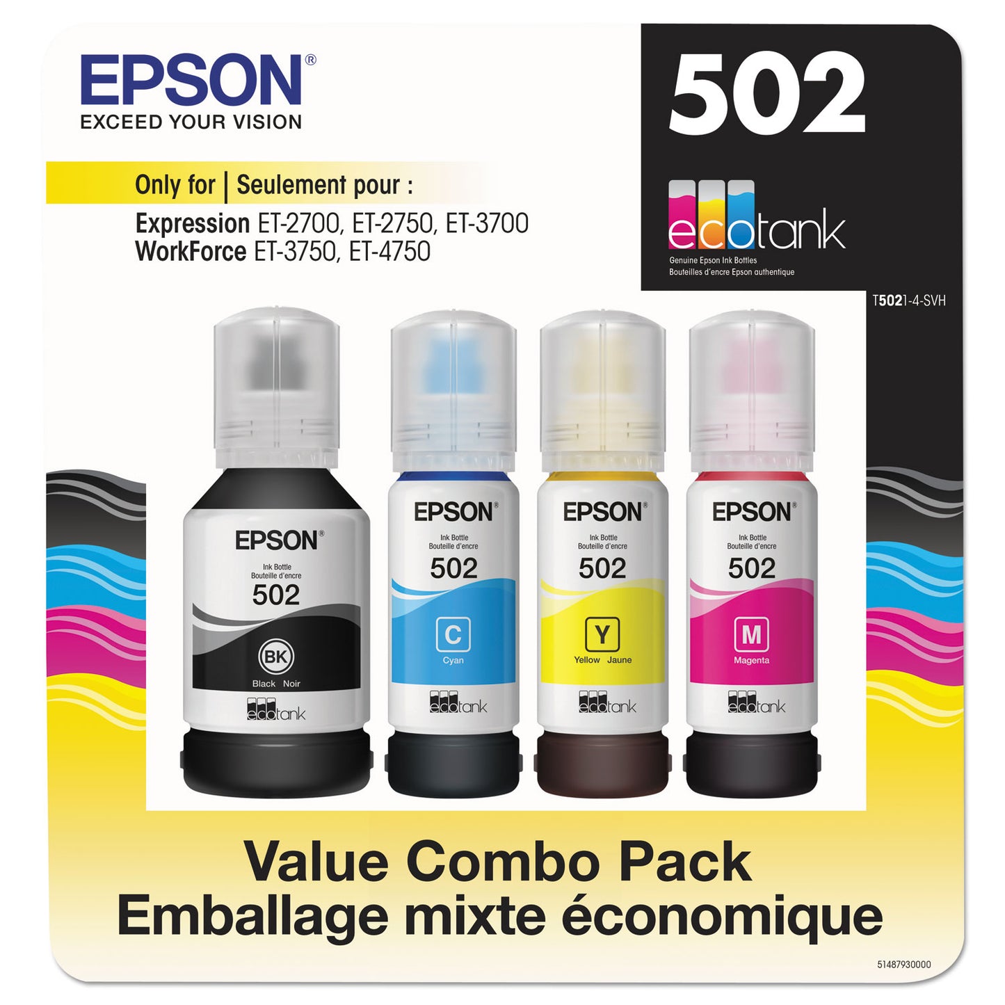 Epson® T5021-4-SVH (502) Ink, 7,500/6,000 Page-Yield, Black/Cyan/Magenta/Yellow (EPST50214SVH)