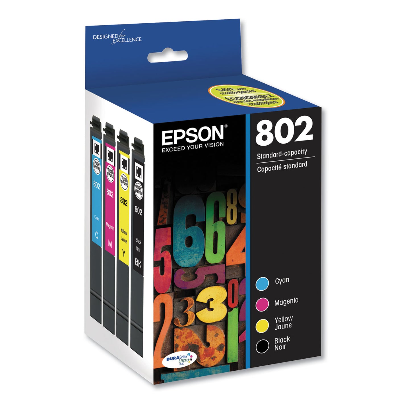 Epson® T802120-BCS (802) DURABrite Ultra Ink, 650/900 Page-Yield, Black/Cyan/Magenta/Yellow (EPST802120BCS)