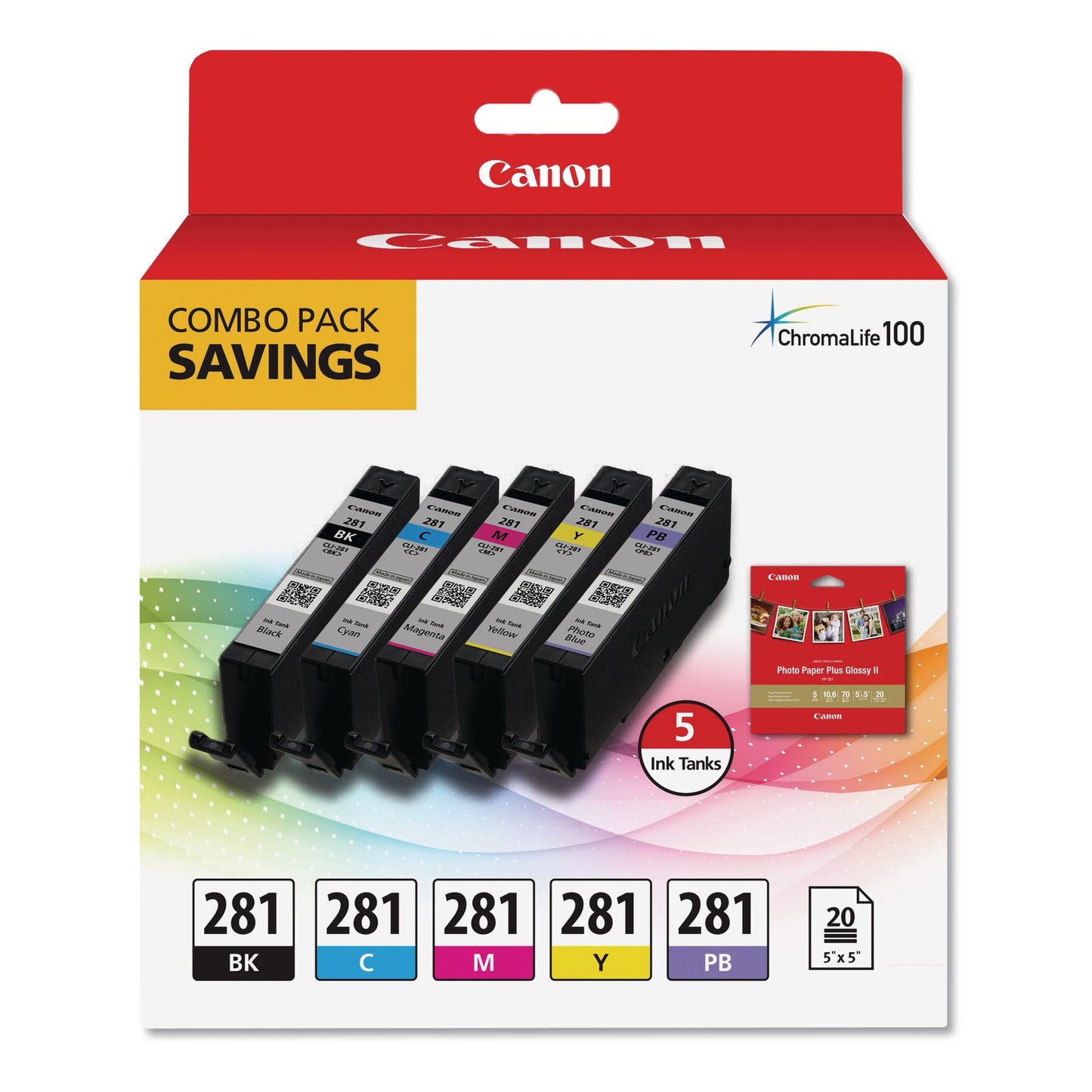 Canon® 2091C006 (CLI-281) ChromaLife100 Ink/Paper Combo, Black/Blue/Cyan/Magenta/Yellow (CNM2091C006)