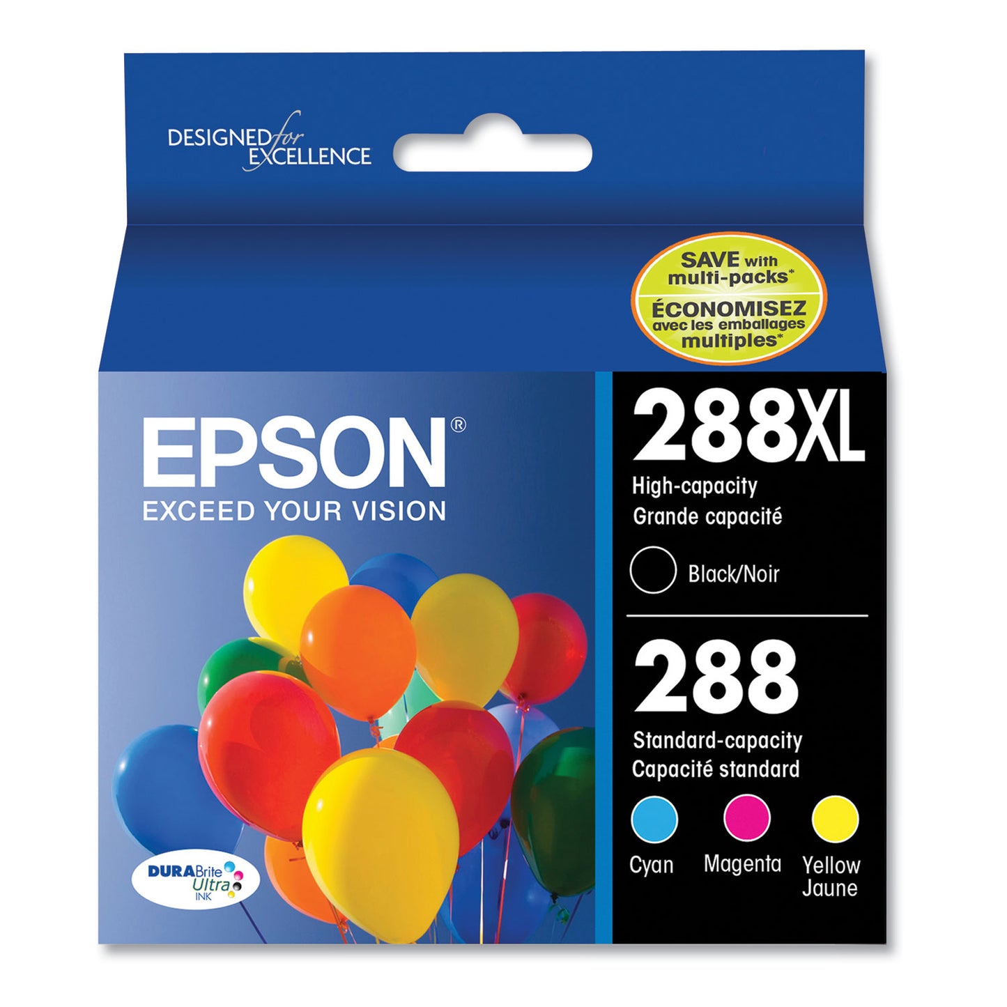 Epson® T288XL-BCS (288XL) DURABrite Ultra High-Yield Ink, 500/450 Page-Yield, Black/Cyan/Magenta/Yellow (EPST288XLBCS)