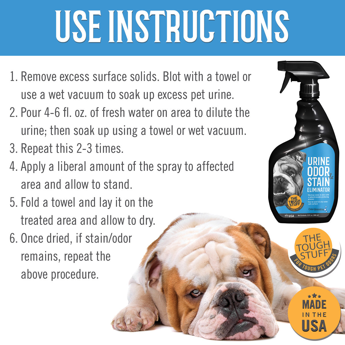 Tough Stuff® Urine Odor & Stain Eliminator, Original, 32 oz Bottle (HOS32NTP)