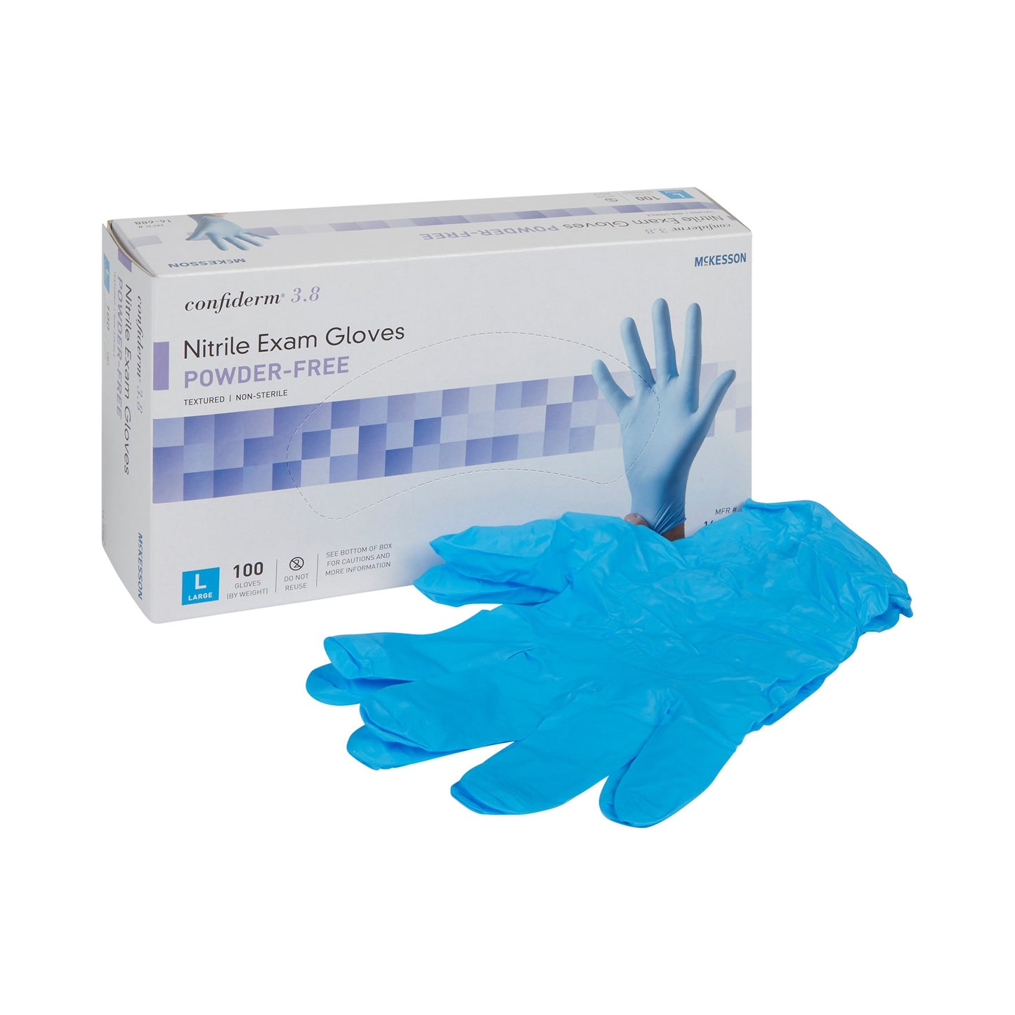 McKesson Confiderm® 3.8 Exam Glove Large NonSterile Nitrile Standard Cuff Length Textured Fingertips Blue Not Rated (921613_CS)