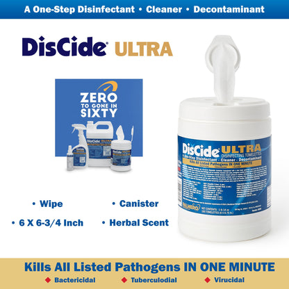 DisCide® Ultra Surface Disinfectant Cleaner Premoistened Quaternary Based Manual Pull Wipe 160 Count Canister Herbal Scent NonSterile (1159346_CN)