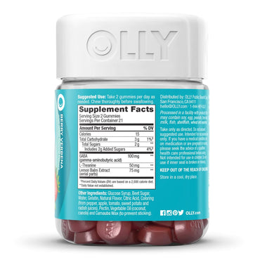 OLLY® Goodbye Stress® Dietary Supplement GABA / L-Theanine / Lemon Balm Extract 100 mg - 50 mg - 75 mg Strength Gummy 42 per Bottle Berry Verbena Flavor (1228393_BT)