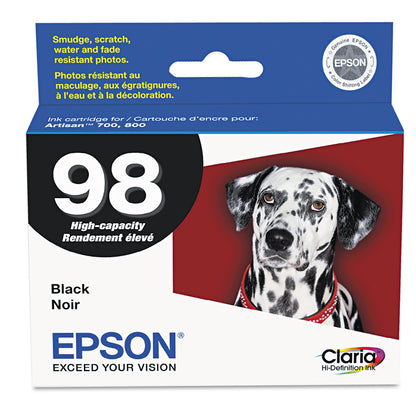 Epson® T098120-S (98) Claria High Yield Ink, 450 Page-Yield, Black (EPST098120S)