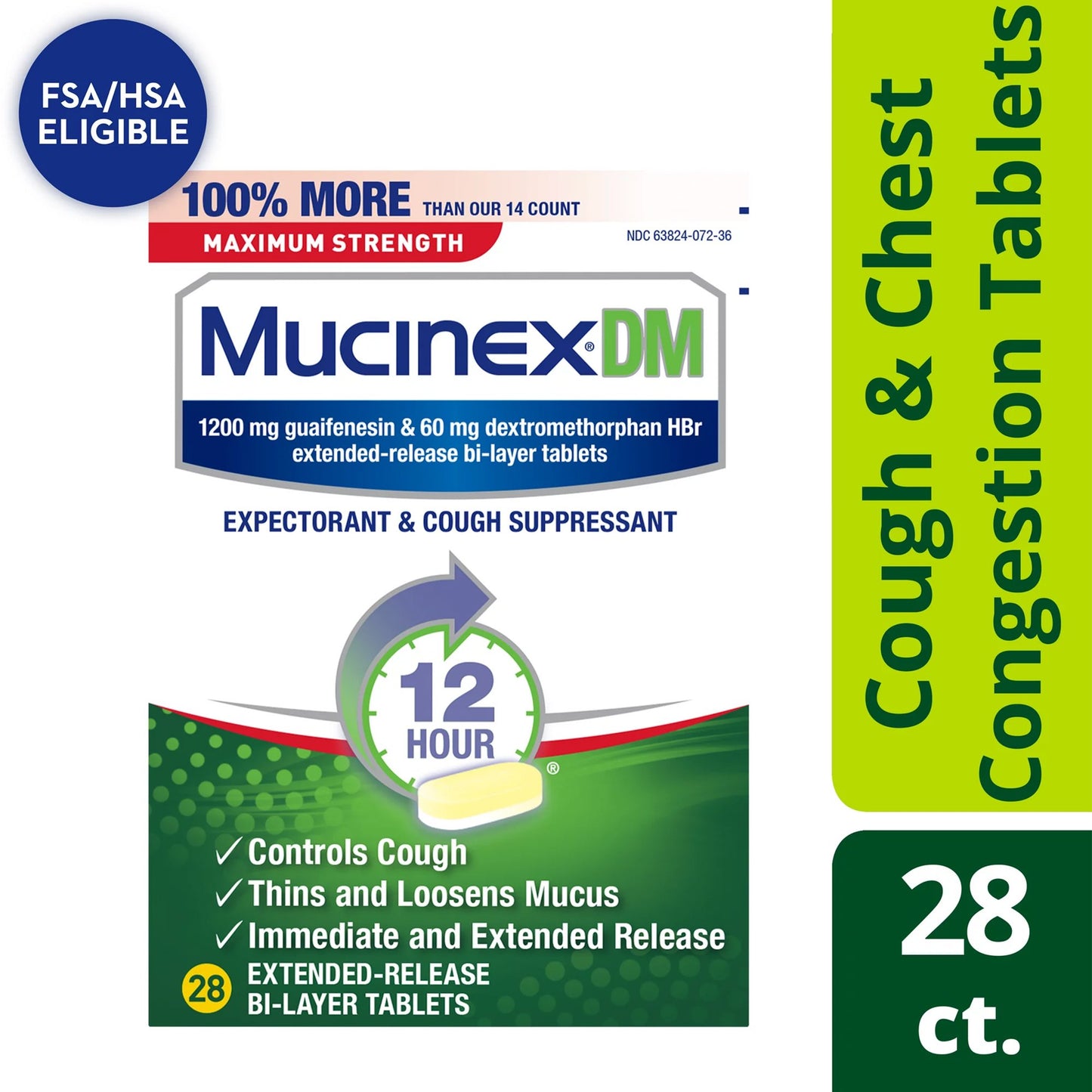 Mucinex® DM Cold and Cough Relief 1,200 mg - 60 mg Strength Tablet 28 per Box (1101457_BX)