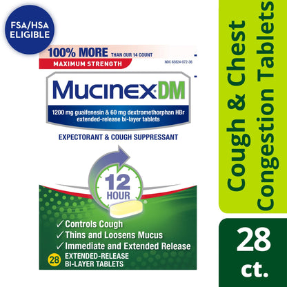 Mucinex® DM Cold and Cough Relief 1,200 mg - 60 mg Strength Tablet 28 per Box (1101457_BX)