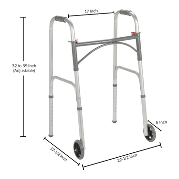 McKesson Dual Release Folding Walker with Wheels Adjustable Height Steel Frame 350 lbs. Weight Capacity 32 to 39 Inch Height (1128891_EA)