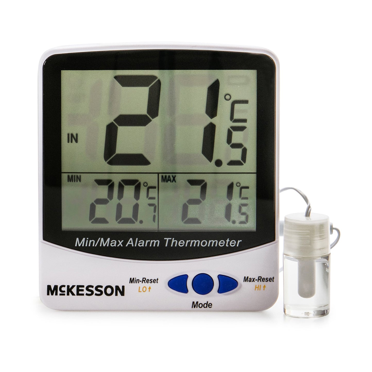 McKesson Digital Refrigerator / Freezer Thermometer with Alarm Fahrenheit / Celsius -58° to +158°F (-50° to +70°C) Glycol Bottle Probe / Internal Sensor Multiple Mounting Options Battery Operated (1074440_EA)