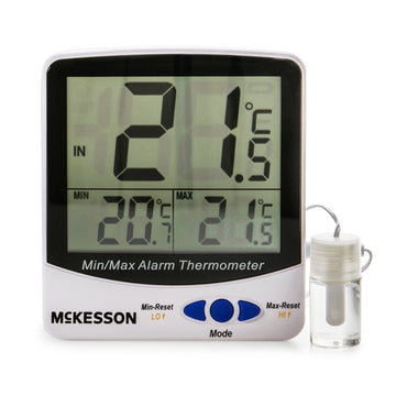 McKesson Digital Refrigerator / Freezer Thermometer with Alarm Fahrenheit / Celsius -58° to +158°F (-50° to +70°C) Glycol Bottle Probe / Internal Sensor Multiple Mounting Options Battery Operated (1074440_EA)