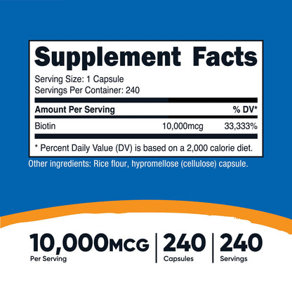 nutricost® Dietary Supplement Biotin 10 mg Strength Capsule 240 Per Bottle (1270255_BT)