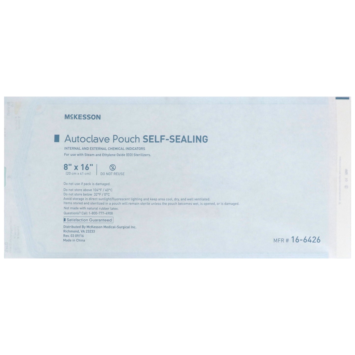 McKesson Sterilization Pouch Ethylene Oxide (EO) Gas / Steam 8 X 16 Inch Transparent Blue / White Self Seal Paper / Film (960946_BX)