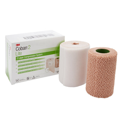 3M™ Coban™2 Lite 2 Layer Compression Bandage System 4 Inch X 2-9/10 Yard / 4 Inch X 5-1/10 Yard Self-Adherent / Pull On Closure Tan / White NonSterile 25 to 30 mmHg (989622_CS)