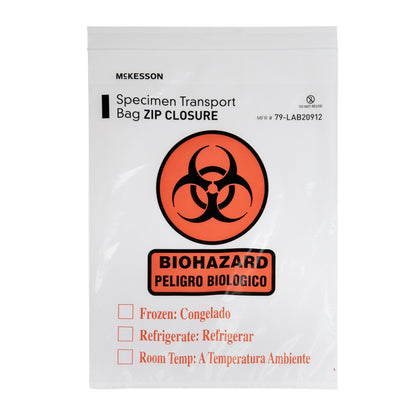 McKesson Specimen Transport Bag with Document Pouch 9 X 12 Inch Zip Closure Biohazard Symbol / Storage Instructions NonSterile (529909_PK)