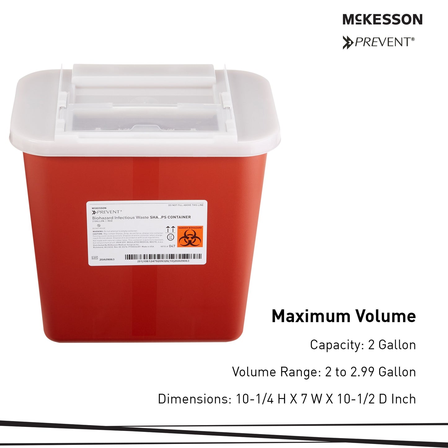 McKesson Prevent® Sharps Container Red Base 10-1/4 H X 7 W X 10-1/2 D Inch Horizontal Entry 2 Gallon (855063_CS)
