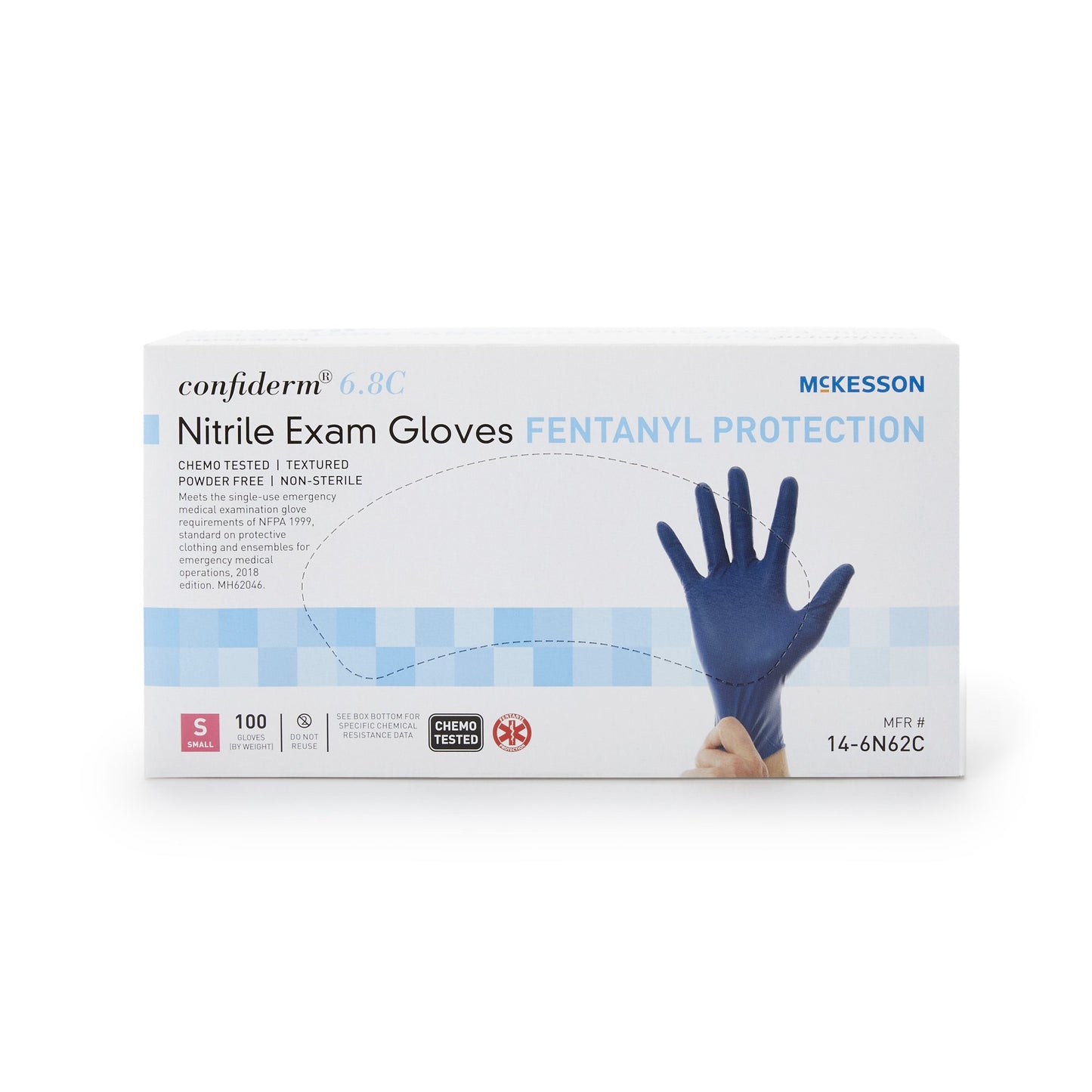 McKesson Confiderm® 6.8C Exam Glove Small NonSterile Nitrile Standard Cuff Length Textured Fingertips Blue Chemo Tested / Fentanyl Tested (1163939_BX)