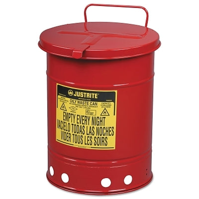 Justrite Red Oily Waste Cans, Hand Operated Cover, 10 gal, Red (400-09310)