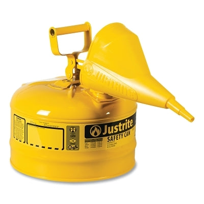 Justrite Type l Steel Safety Can, Diesel, 2.5 gal, Yellow, Includes Poly Funnel/SS Flame Arrestor/Swinging Handle (400-7125210)