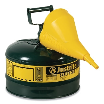 Justrite Type l Steel Safety Can, Oil, 2.5 gal, Green, Includes Poly Funnel/SS Flame Arrestor/Swinging Handle (400-7125410)