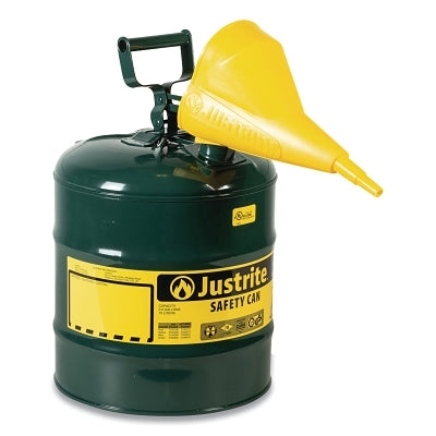Justrite Type l Steel Safety Can, Oil, 5 gal, Green, Includes Poly Funnel/SS Flame Arrestor/Swinging Handle (400-7150410)