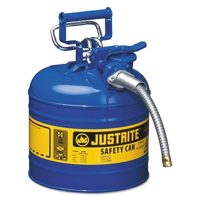 Justrite Type II AccuFlow™ Safety Can, Kerosene, 2 gal, Blue, Includes 5/8 in OD Flexible Metal Hose (400-7220320)