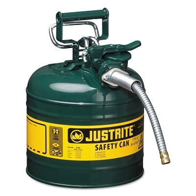 Justrite Type II AccuFlow™ Safety Can, Oil, 2 gal, Green, Includes 5/8 in OD Flexible Metal Hose (400-7220420)