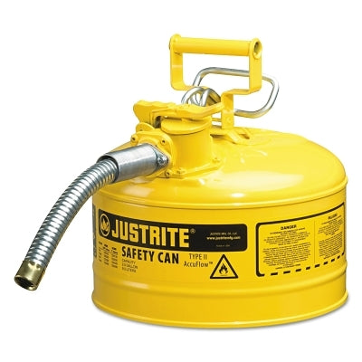 Justrite Type II AccuFlow™ Safety Can, Diesel, 2.5 gal, Yellow, Includes 1 in OD Flexible Metal Hose (400-7225230)