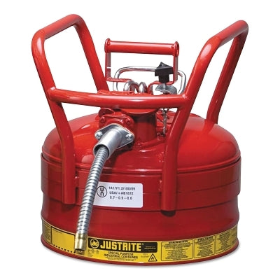 Justrite Type II AccuFlow™ DOT Steel Safety Can, 2-1/2 gal, Red, 1 in Metal Hose, Roll Bars (400-7325130)