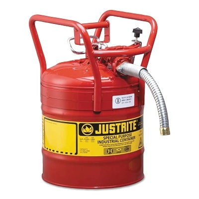 Justrite Type II AccuFlow™ DOT Steel Safety Can, 5 gal, Red, 1 in Metal Hose, Roll Bars (400-7350130)