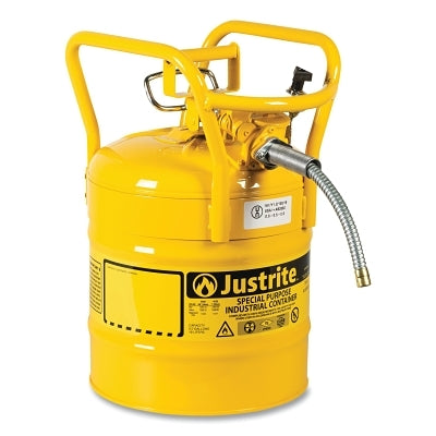 Justrite Type II AccuFlow™ DOT Steel Safety Can, 5 gal, Yellow, 5/8 in Metal Hose, Roll Bars (400-7350210)