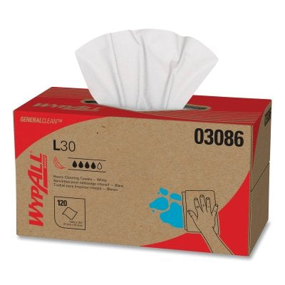 Kimberly-Clark WypAll® L30 Wipers, White, 10 in W x 10.8 in L, 120 Sheet, Pop-Up Box (993-03086)