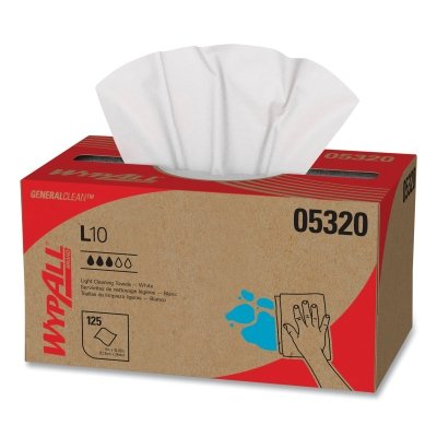 Kimberly-Clark WypAll® General Clean L10 Light Cleaning Towel, White, 10-1/2 in W x 9 in L, 125/Box, Pop-Up® Box, 1-Ply (993-05320)