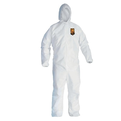 Ansell A45 Breathable Liquid and Particle Protection Elastic Wrist/Ankle Coveralls, White, L, Hood/Fr Zipper (412-41505)