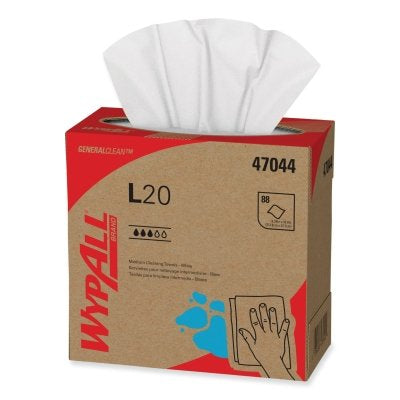 Kimberly-Clark WypAll® L20 Wiper, 9.1 in W x 16.8 in L, Pop-Up Box, White, 88/Box, 10 BX/CA (993-47044)
