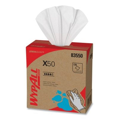 Kimberly-Clark X50 Cleaning Cloth, White, 8.34 in W x 12.5 in L, 176 Sheets/BX, Pop-Up™ Box (993-83550)