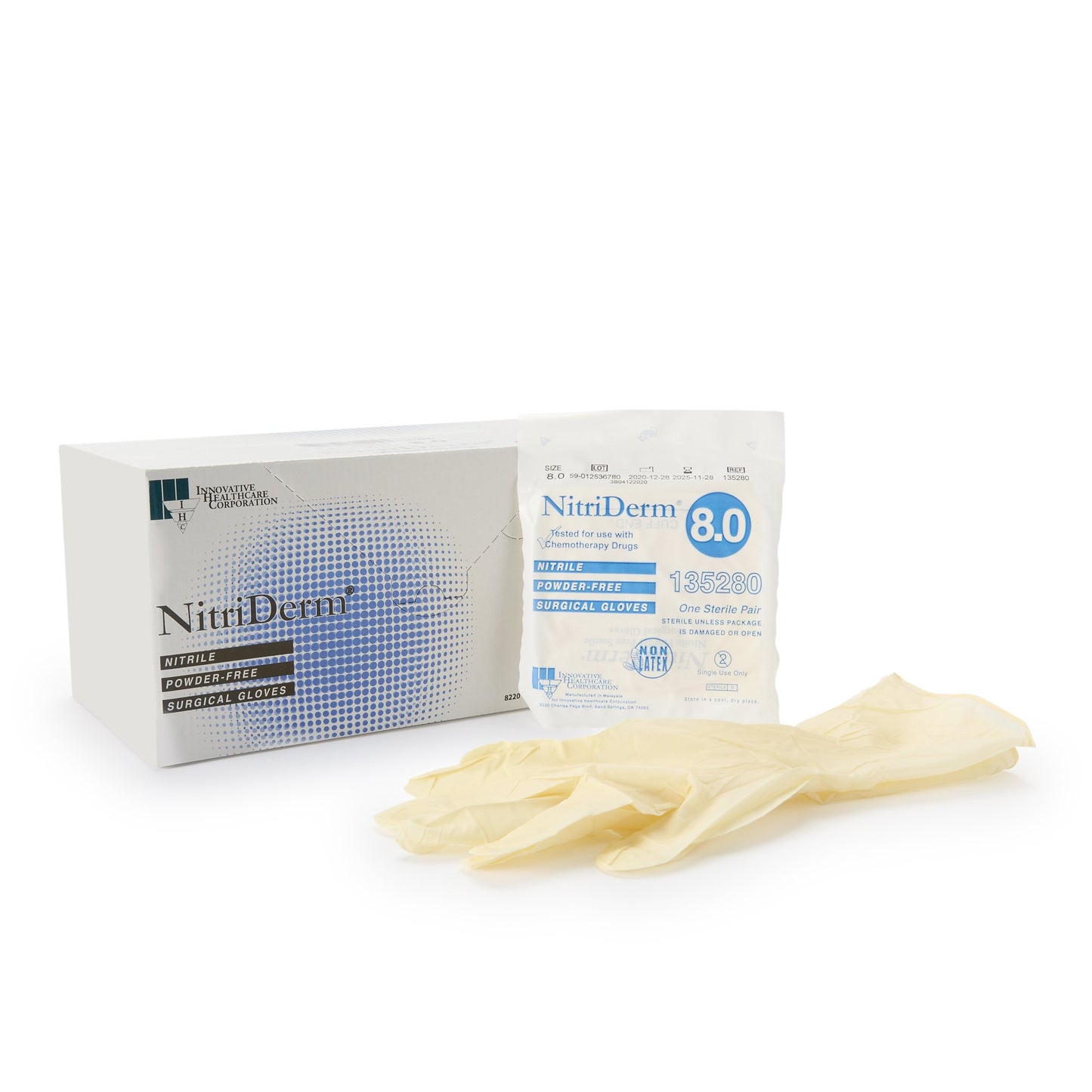 NitriDerm® Surgical Glove Size 8 Sterile Nitrile Standard Cuff Length Fully Textured White Chemo Tested (1162691_CS)
